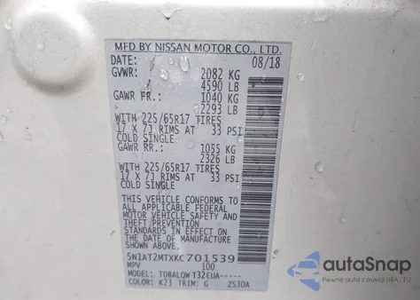 2019 Nissan Rogue Sv z USA, uszkodzony, nr VIN 5N1AT2MTXKC701539